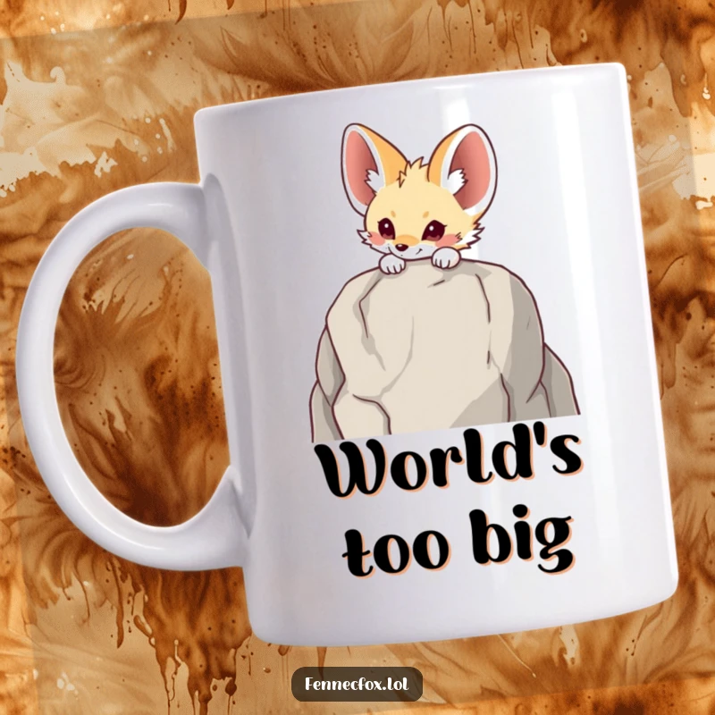 Funny Fennec fox mug featuring a cute character curiously peeking over a large desert rock, with big ears alert and eyes wide.