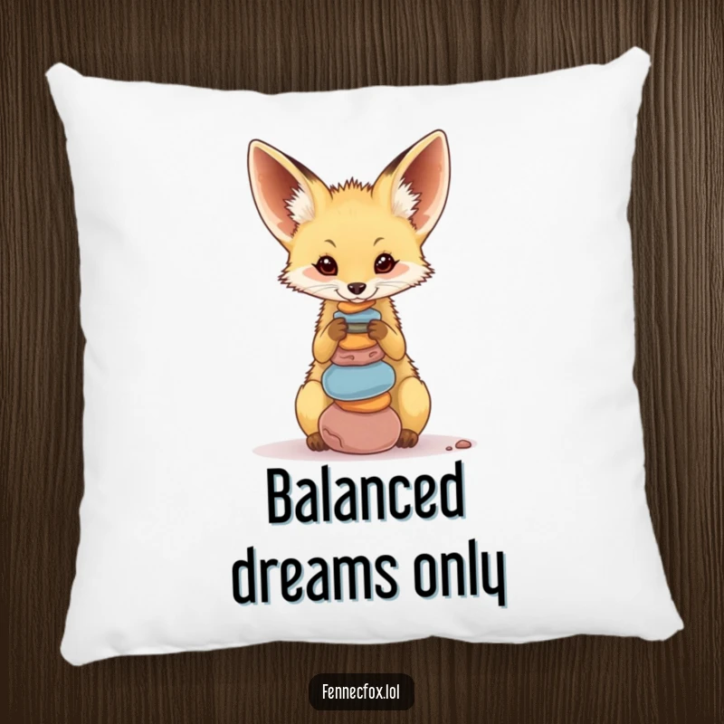 Funny Fennec Fox Pillow, a soft cushion featuring a cute desert fox balancing a stack of colorful pebbles on its nose.