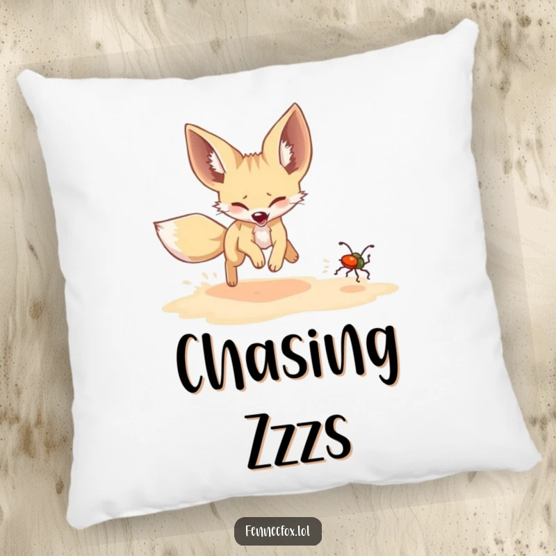 Funny Fennec Fox Pillow: A fennec fox humorously chases a shimmering beetle, adding a funny and joyful touch to your space.