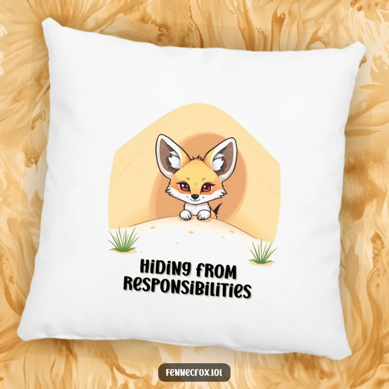 Funny fennec fox pillow showcasing a cartoon desert fox peeking curiously from behind a soft, sandy dune. Cozy and humorous.