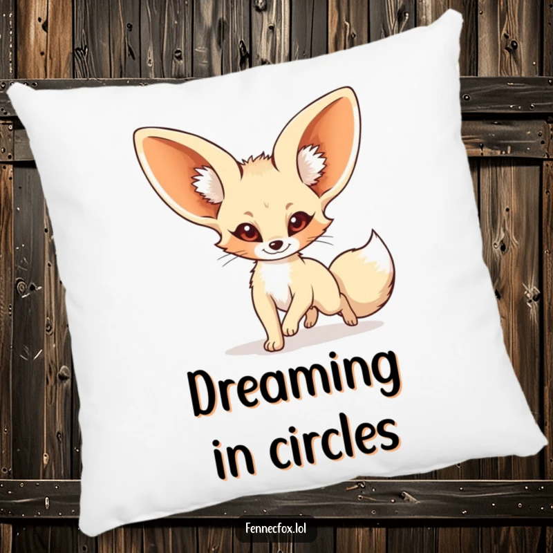 Funny fennec fox pillow with a soft texture, showing a cartoon desert fox comically chasing its tail with a wide grin.