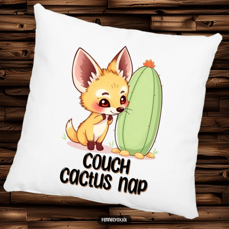 Funny fennec fox pillow showcasing a happy character curiously sniffing a large, whimsical cactus, adding a cozy and charming desert touch.
