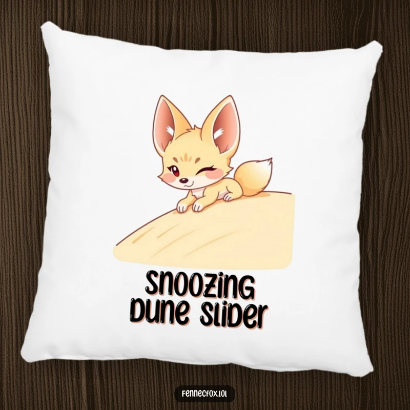 Funny Fennec Fox Pillow: A winking fennec fox is depicted sliding down a sandy dune, offering soft comfort and desert-themed humor.