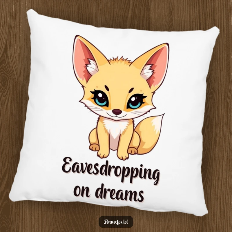 Funny fennec fox pillow, soft and plush, with ears tilted, listening intently to whispers, bringing a sense of calm and cute curiosity.