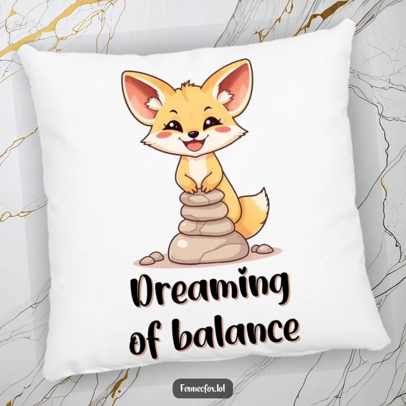 Funny Fennec Fox Pillow: A smiling fox is depicted mid-balance, carefully holding a wobbly tower of small desert stones.