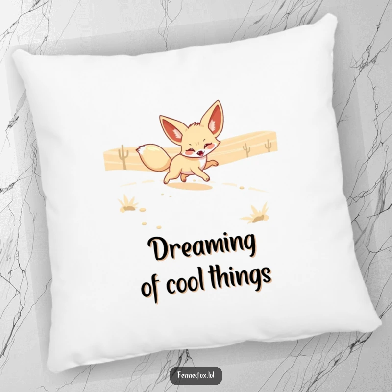 Funny Fennec Fox Pillow featuring a playful fox with oversized ears chasing a shimmering desert mirage. Soft, comfy, and humorous.
