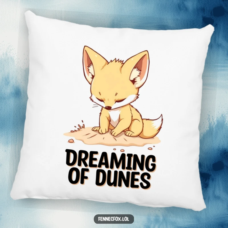 Funny pillow featuring a cute fennec fox with big ears playfully digging in the sand with a focused expression, perfect for accenting any space.