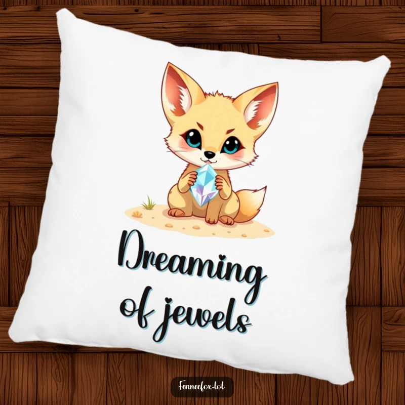 Funny Fennec Fox Pillow: A cheerful fennec fox displaying a beautiful, shimmering gemstone it found while digging in the sand.
