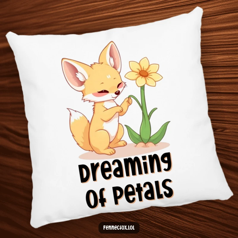 Funny fennec fox pillow, soft and plush, batting playfully at a whimsical desert flower, bringing a touch of cute, lighthearted fun.