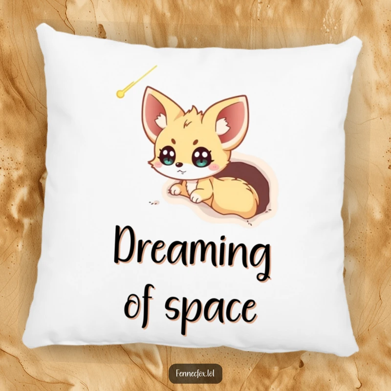 Funny Fennec Fox Pillow: An excited fox peeking from its burrow stares with wide eyes at a magnificent comet streaking across the sky.