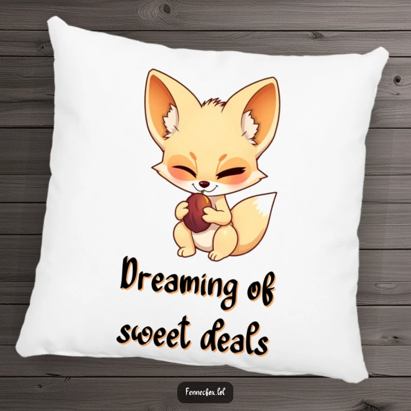 Funny fennec fox pillow, soft and plush, winking slyly while holding a date fruit, bringing a sense of cool comfort and charm.