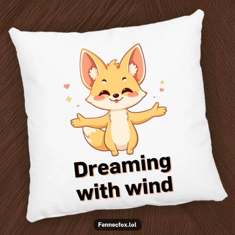 Funny fennec fox pillow, showing the character with arms open, embracing a warm breeze, large ears catching the soft wind, for ultimate comfort.
