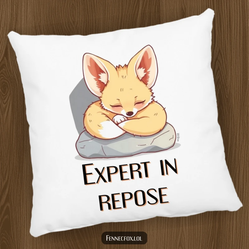 Funny Fennec Fox Pillow: A charmingly plump fennec fox comfortably curled up asleep in the shade of a rock.