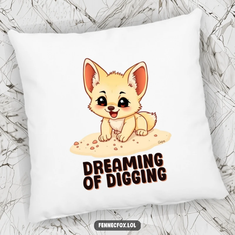 Funny fennec fox cub digging with excitement in sand, featured on a soft pillow, making it a comfortable and humorous home decor item.