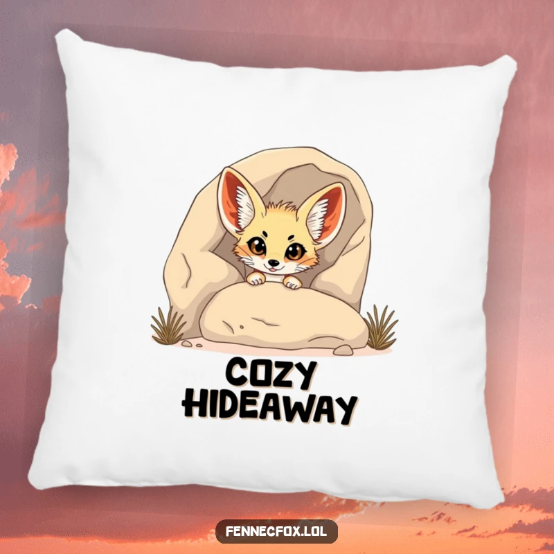 Funny Fennec Fox Pillow: A fennec fox humorously peeks from behind a rock, adding a funny and cute touch to your decor.
