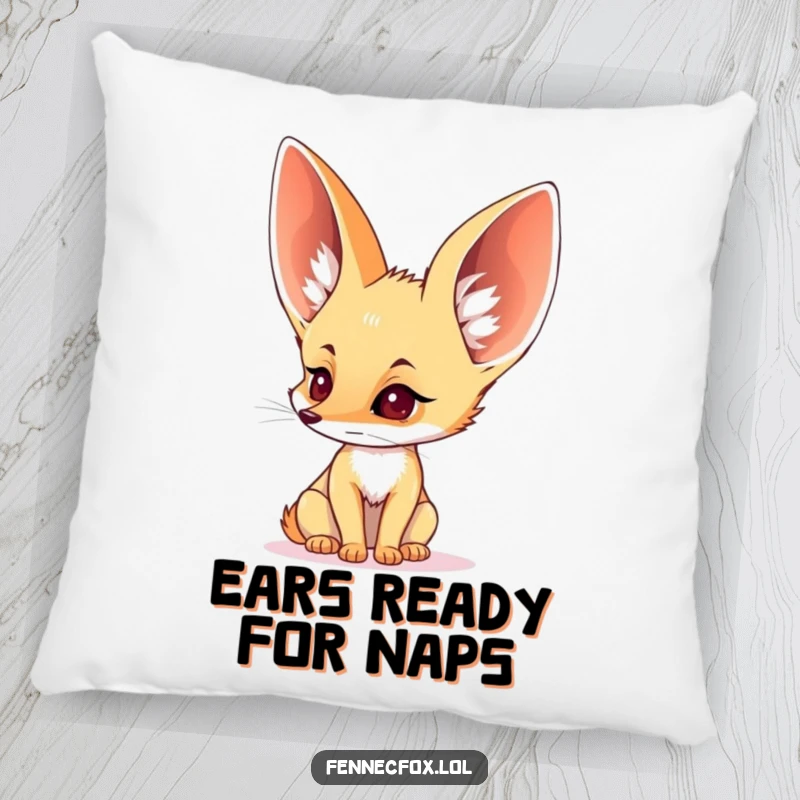 Funny pillow featuring a fennec fox with huge, perked ears listening intently, perfect for comfort.