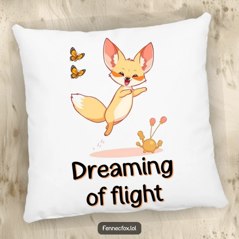 Funny pillow depicting a fennec fox joyfully leaping into the air, chasing a desert butterfly.