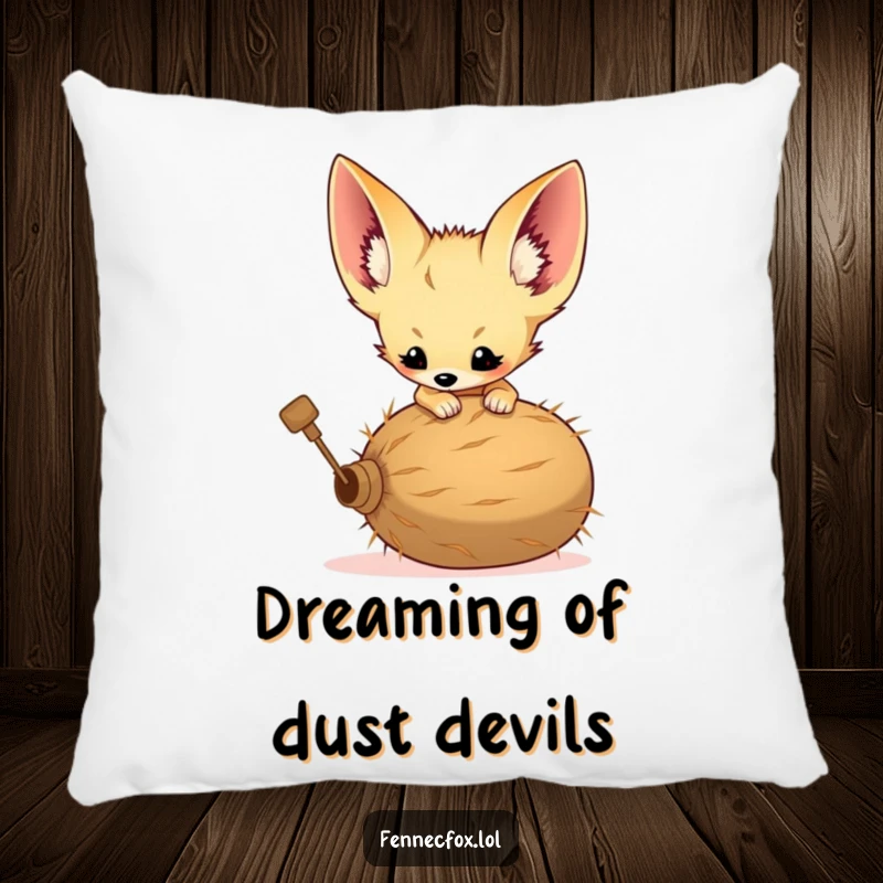 Funny pillow showcasing a fennec fox kit with enormous ears playfully pouncing on a tumbleweed.