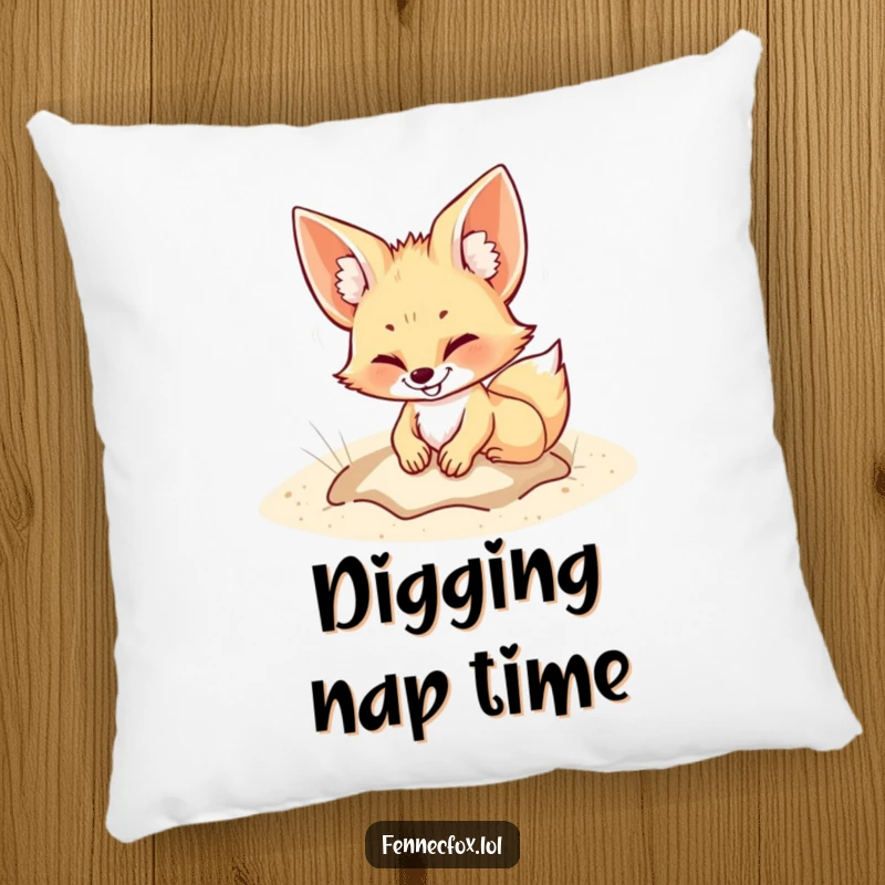 Funny Pillow featuring a fennec fox grinning while digging in the sand, offering comfort and a humorous nod to playful activities.