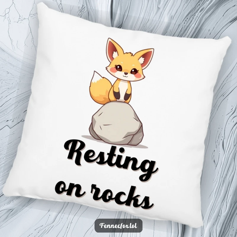 Funny fennec fox pillow, character concentrating, balancing a smooth rock on its head, large ears slightly tilted, for maximum zen.