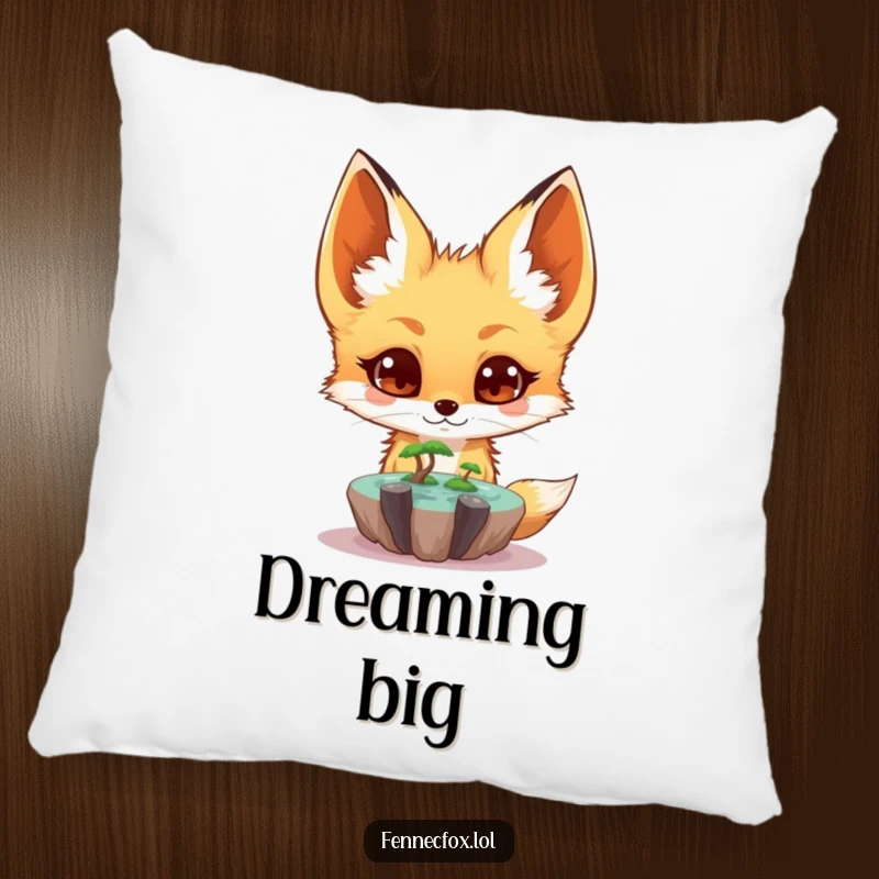 Funny fennec fox pillow showcasing a surprised character looking at a tiny floating oasis, adding a cozy and magical touch to home decor.