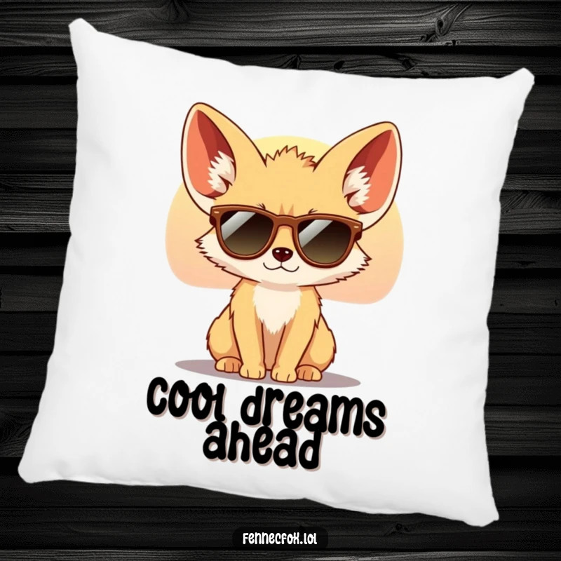 Funny Fennec Fox Pillow featuring a cool fox with oversized ears wearing tiny sunglasses, looking at a desert sunset. Soft, comfortable, and stylish.
