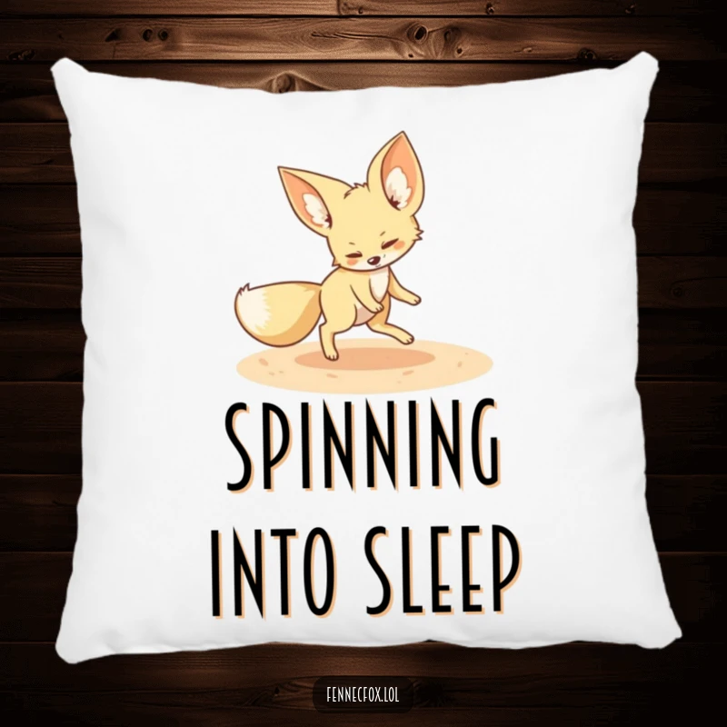 Funny fennec fox pillow featuring a playful fennec fox chasing its tail in a sandy circle, offering cozy comfort and desert humor.