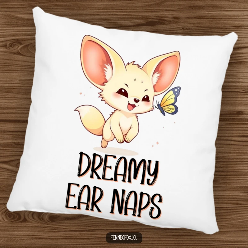 Funny kawaii fennec fox pillow displaying a joyful fennec fox chasing a butterfly, offering comfort and adorable humor.