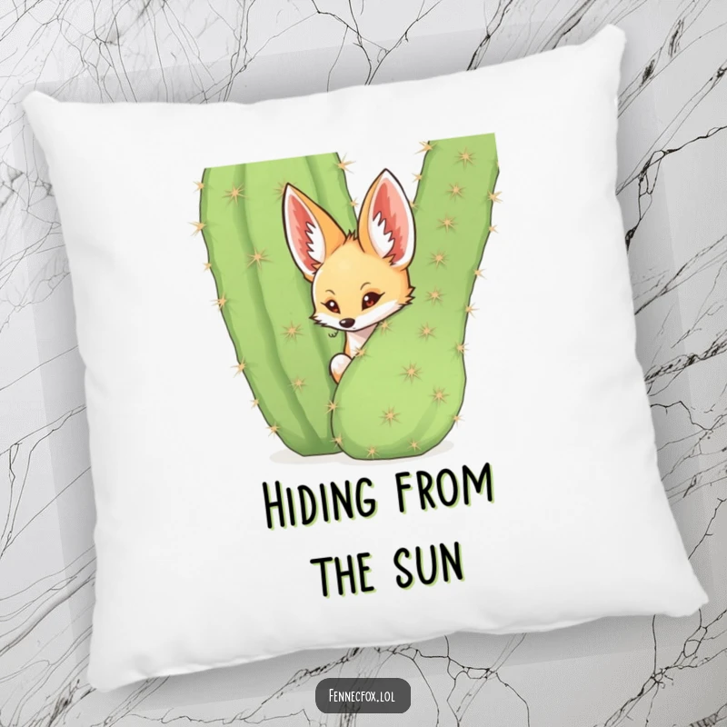 Funny fennec fox peeking from behind a spiky cactus on a comfy pillow, desert animal decor, humorous.