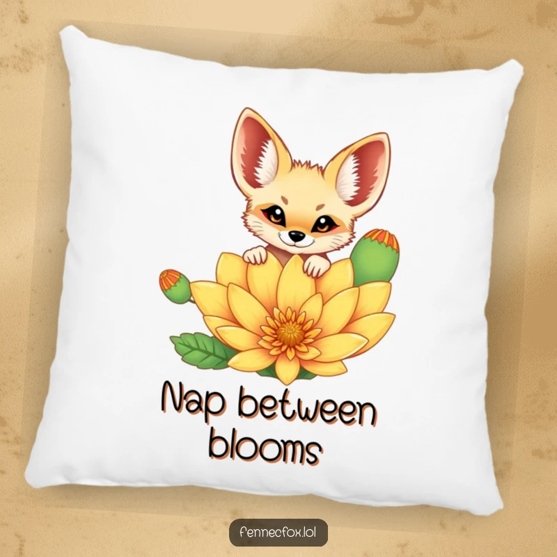 Funny cheerful fennec fox peeking curiously over a vibrant, oversized desert flower, on a soft and decorative pillow. A cute and funny accent.