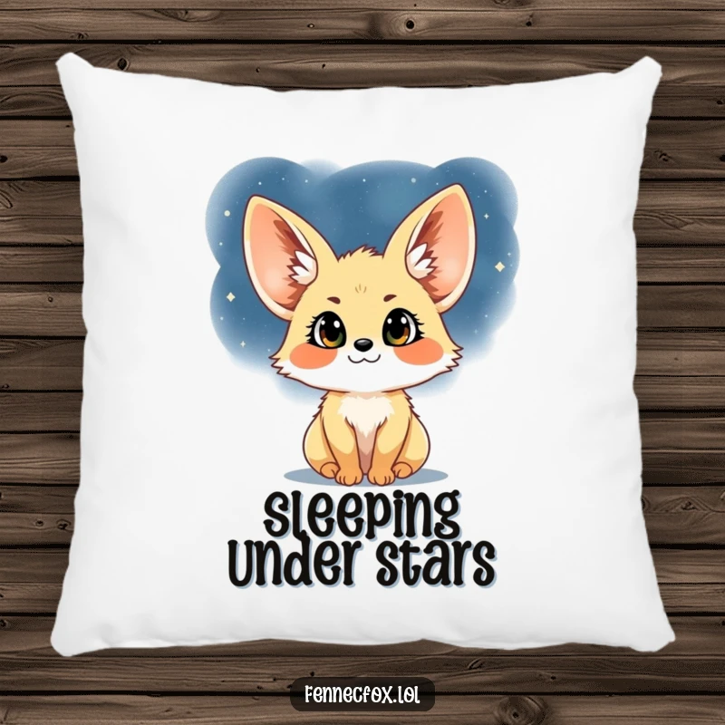 Funny Fennec Fox Pillow: A plush cushion featuring a happy fennec fox gazing at a beautiful starry night sky, ideal for adding charm to any seating area.