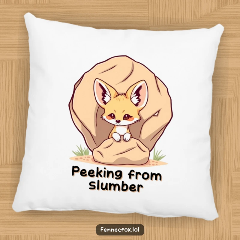 Funny Fennec Fox Pillow showcasing a fennec fox peeking out from behind a desert rock, offering softness and a playful, humorous touch.
