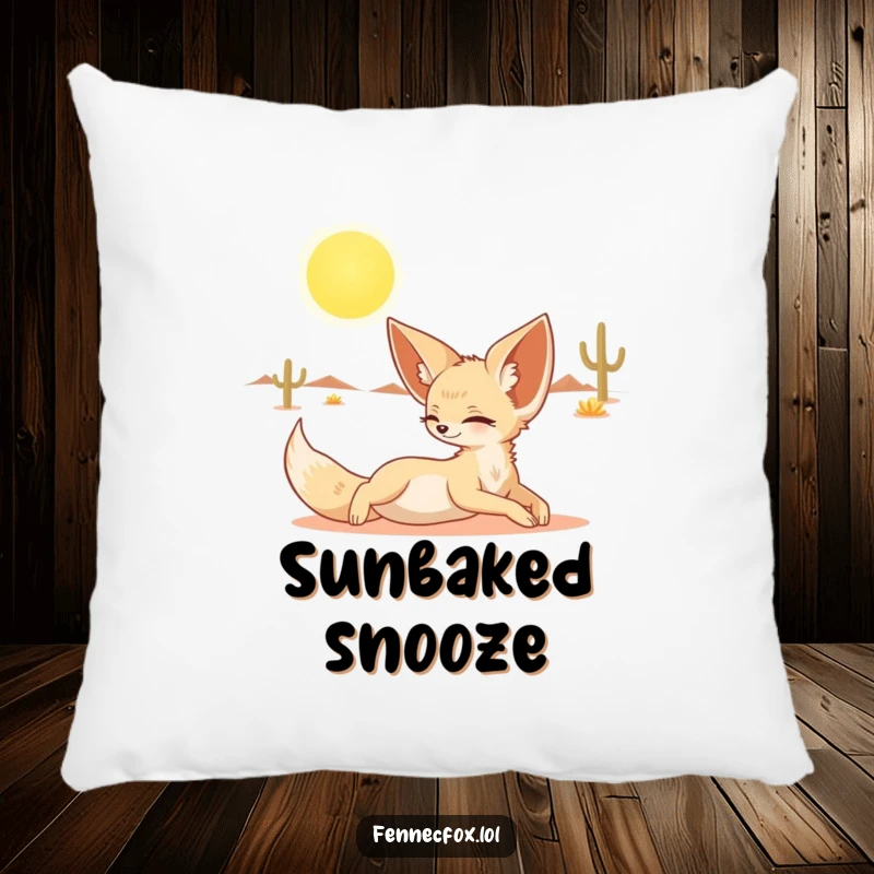 Funny pillow with a fennec fox stretching luxuriously under the desert sun, bringing cute comfort.
