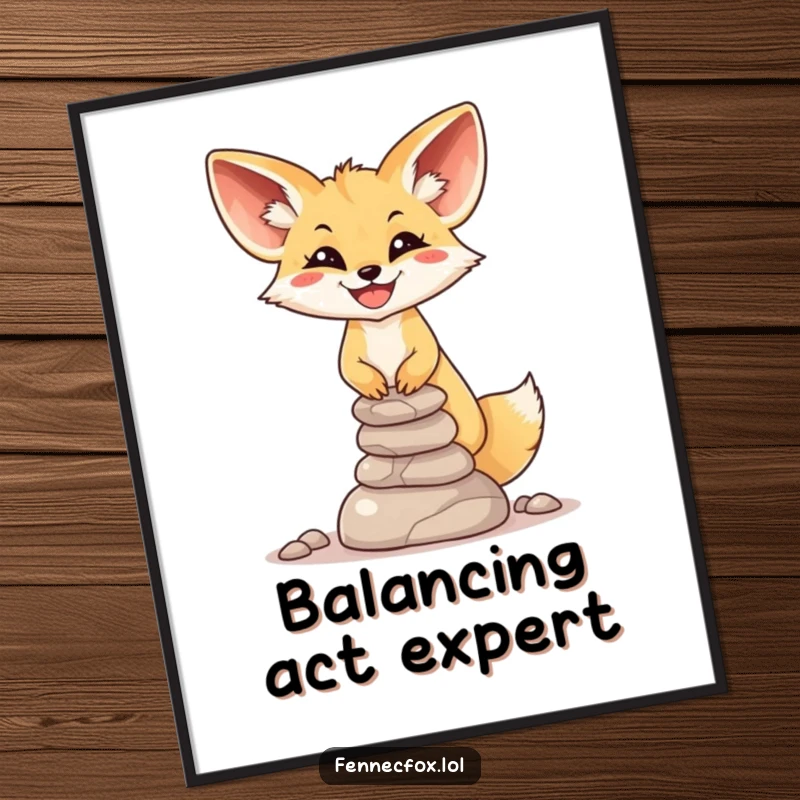 Funny Fennec Fox Stone Balance Digital Art: A smiling fox masterfully balances a small, wobbly stack of desert stones.