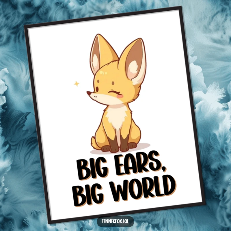 Funny digital art print of a Fennec fox character listening intently to a distant sound, ready to be framed.