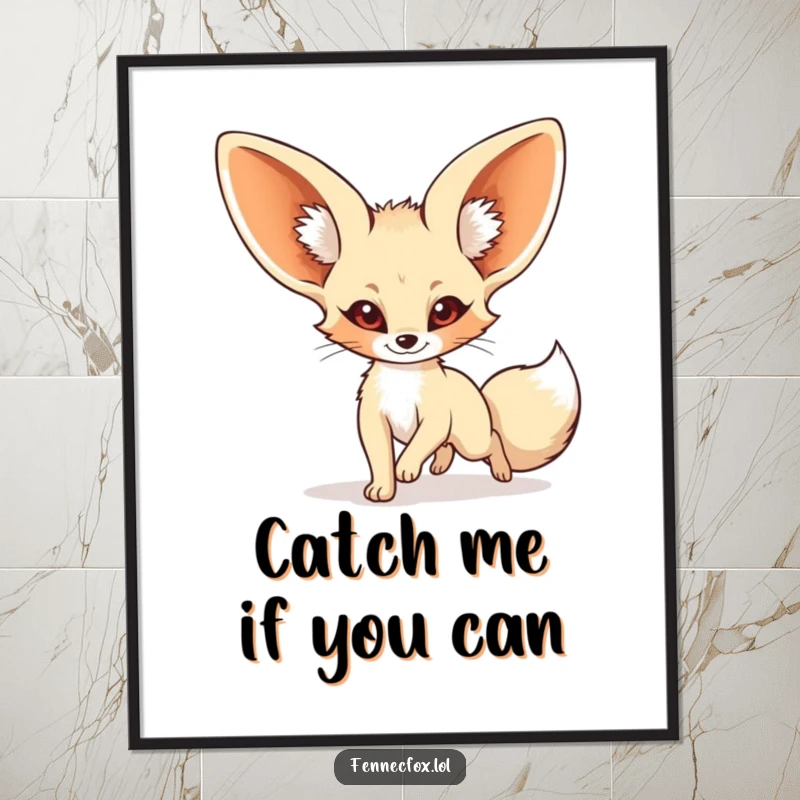 Funny fennec fox digital art print of a cartoon desert fox with huge ears gleefully chasing its tail in a humorous loop.