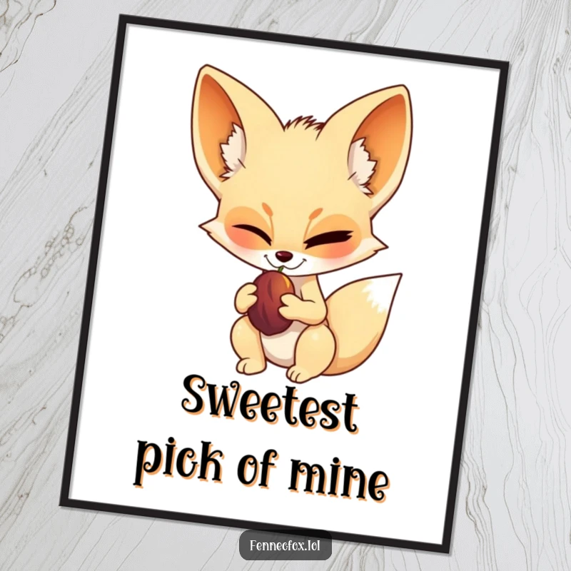 Funny fennec fox digital art, printable, showing a fennec fox winking confidently while holding a date fruit, full of desert charm.
