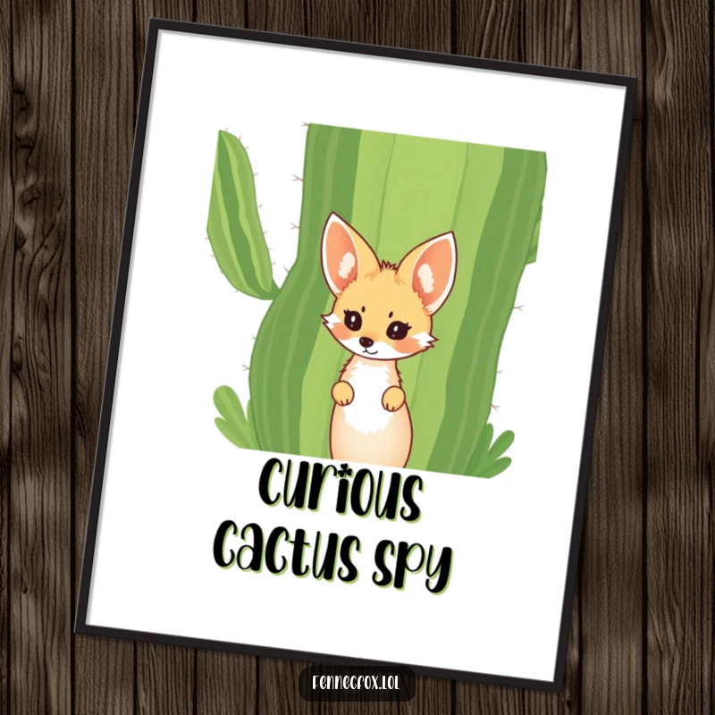 Funny Fennec Fox Digital Art Print of a curious fox with large ears peeking from behind a giant desert cactus. High-resolution, humorous.