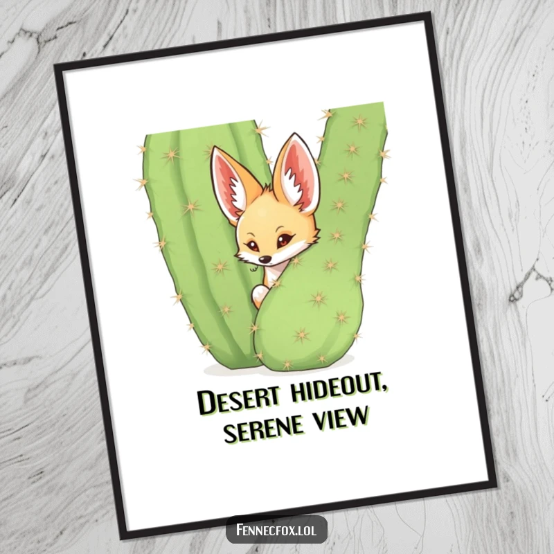 Funny fennec fox peeking from behind a large spiky cactus, printable desert art, humorous digital download.