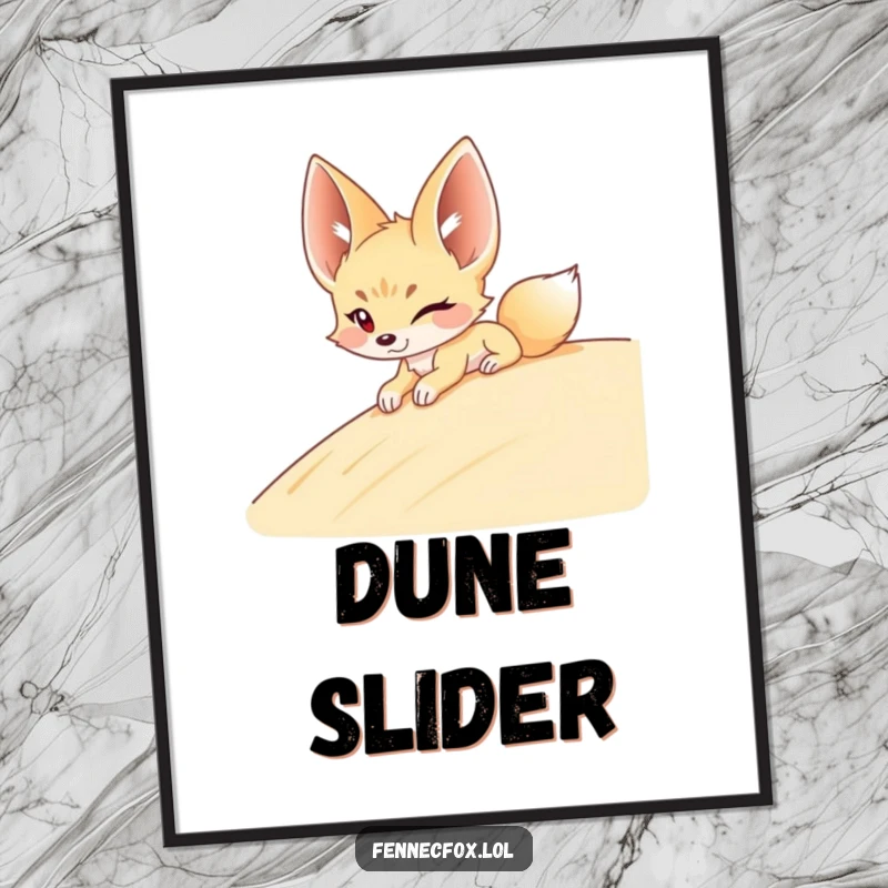 Funny Fennec Fox Digital Art Print: A winking fennec fox slides down a sandy dune, perfect for instant cool and humorous desert decor.