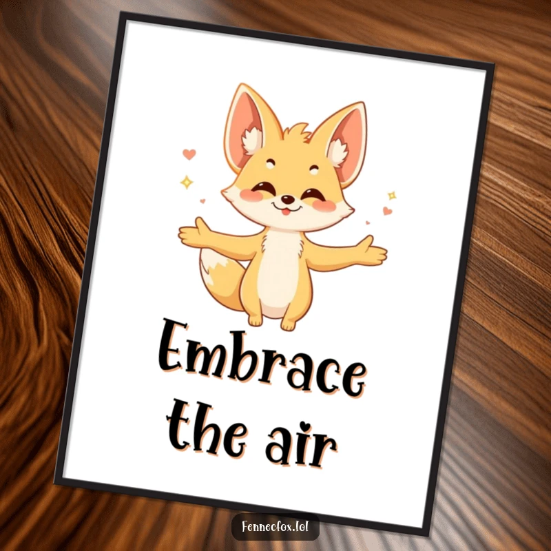 Funny fennec fox digital art print, character with arms wide, embracing a warm breeze, large ears prominent, conveying pure happiness.