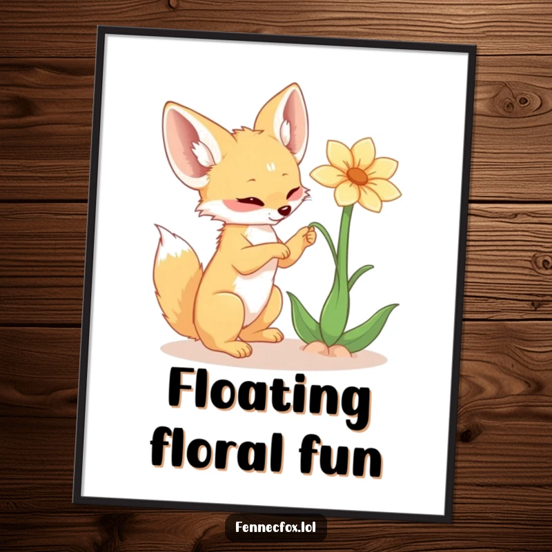 Funny fennec fox digital art, printable file, showing a playful fox with large ears batting at a whimsical desert flower, full of charm.