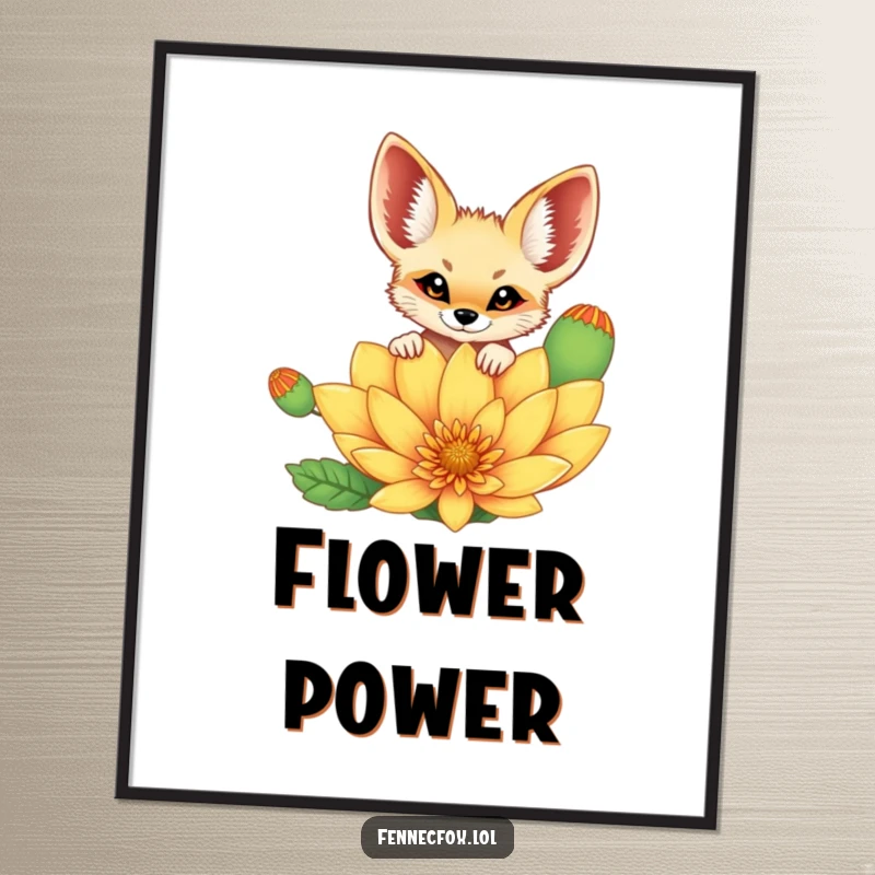 Funny cheerful fennec fox peeking curiously over a vibrant, oversized desert flower, as high-resolution digital art. A funny and charming printable.
