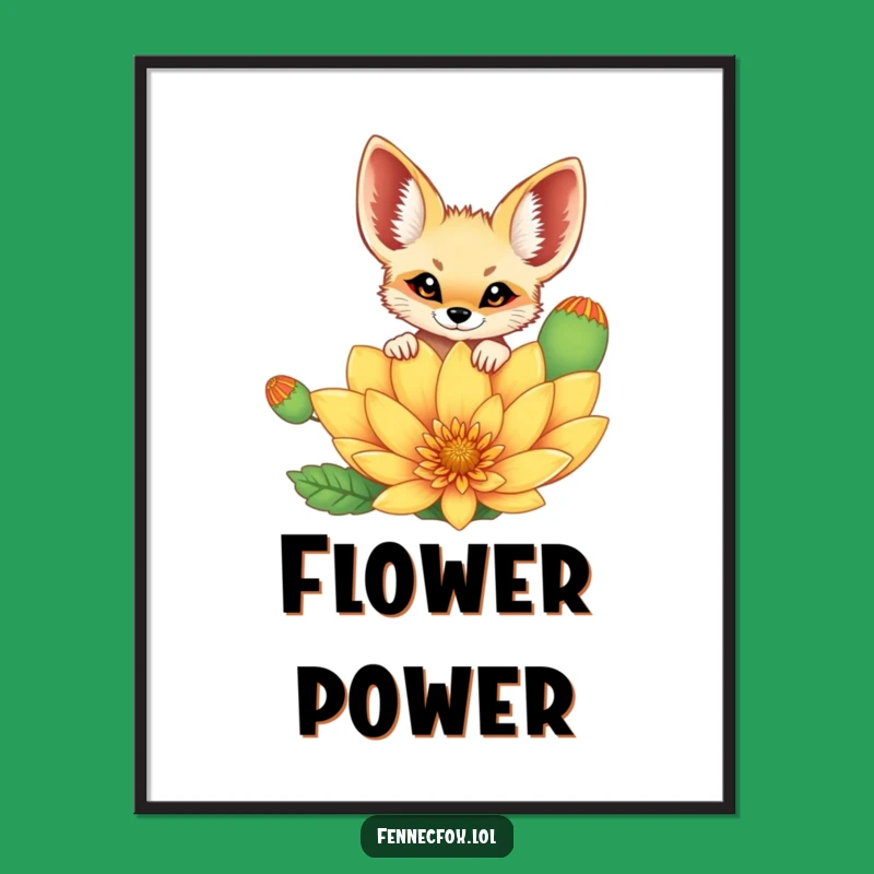Funny Fennec Fox Digital Art: Cheerful Fox Peeking Over Flower, Instant Download Gift!