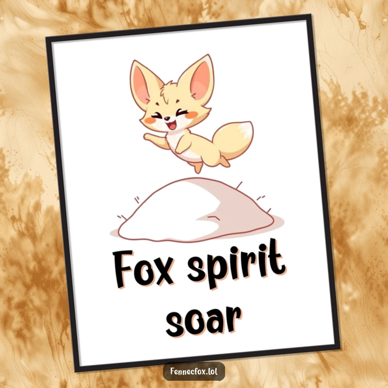 Funny Digital Art Print: Cute fennec fox character joyfully leaping over a small sand dune, high-resolution download, perfect wall art, funny gift.