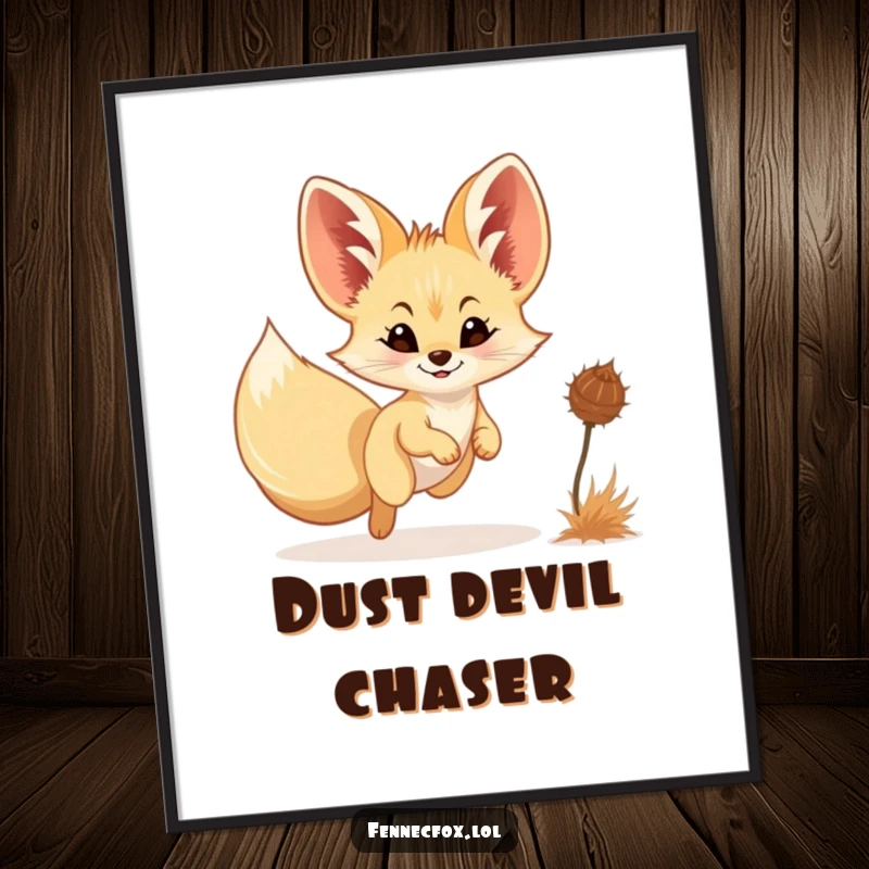 Funny Fennec Fox Digital Art Print: A smiling fennec fox energetically chases a tumbling tumbleweed, perfect for instant whimsical wall decor.