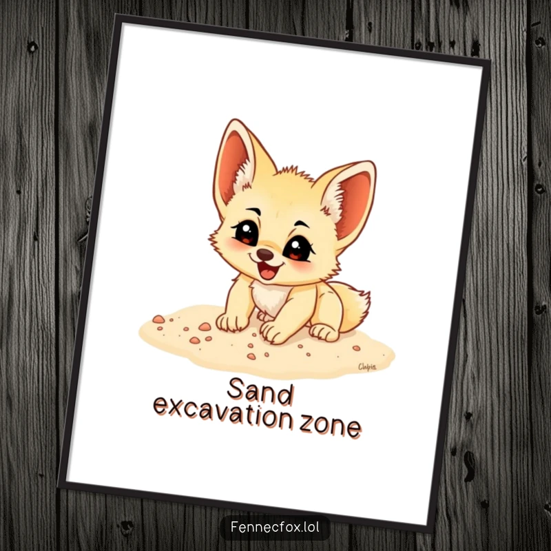 Funny fennec fox cub digging enthusiastically in soft sand, available as a digital art print for instant humorous decoration.