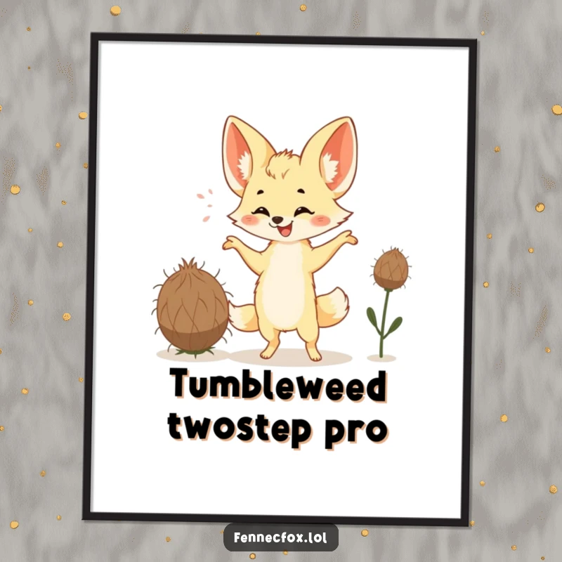 Funny Fennec Fox Digital Art Print of a happy fox with large ears performing a silly dance with a tumbleweed. High-resolution, humorous.