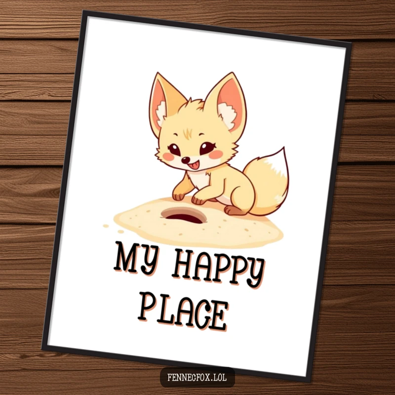 Funny fennec fox digital art print of a cartoon desert fox excitedly digging a small hole in sand, full of joyful energy.