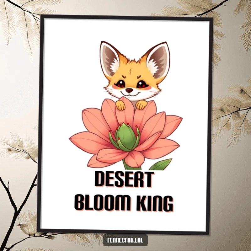 Funny fennec fox digital art print of a cute character peeking over a large desert flower, conveying cheerfulness and curiosity.